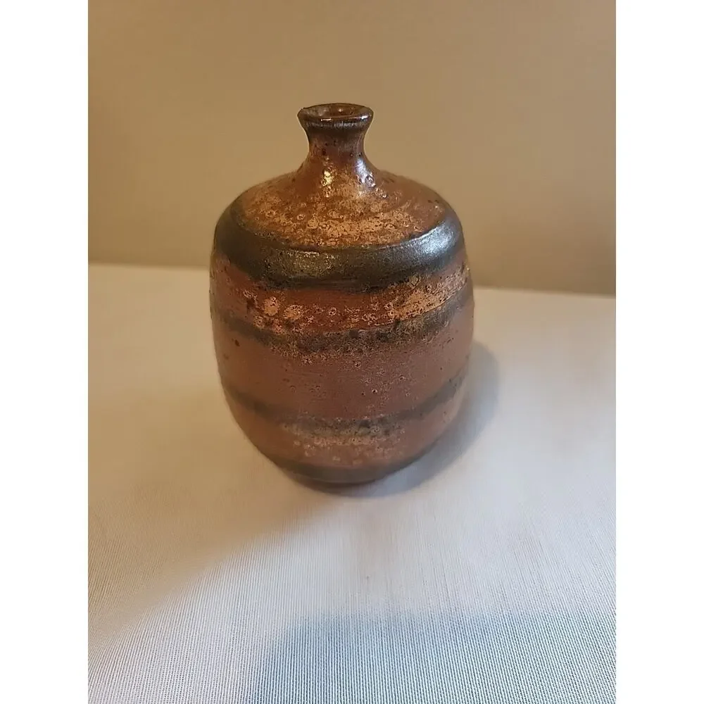 VTG Handmade Japanese Style Art Pottery 4” Tall Bud Weed Vase Redware Brown